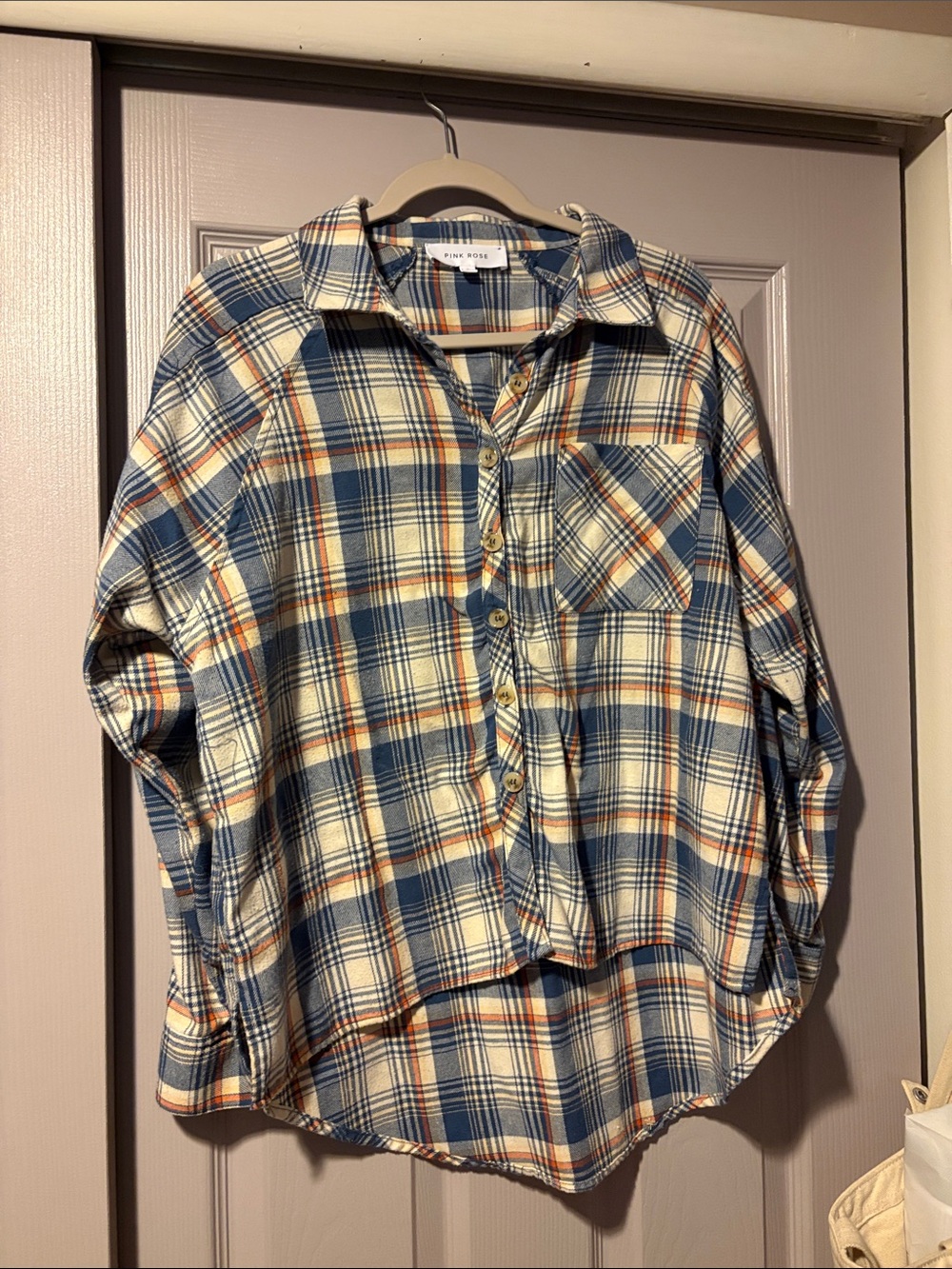 Pink Rose Plaid Shirt in Cream, Blue & Orange